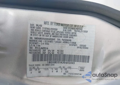 2003 Mercury Sable Ls Premium from USA, damaged, VIN 1MEHM55S43G602845